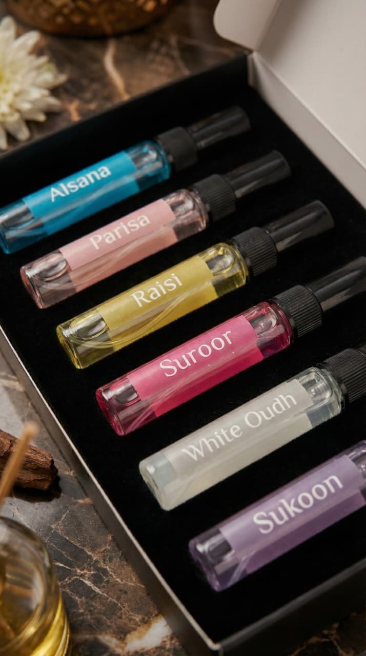 Set of colorful vape cartridges in a box on a marble surface