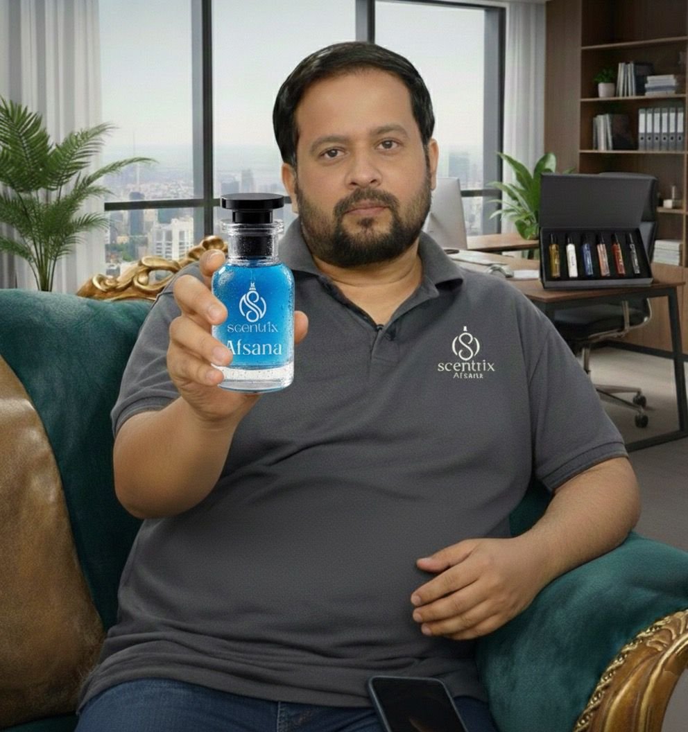 Man holding a blue bottle labeled 'Scentus' in an office setting